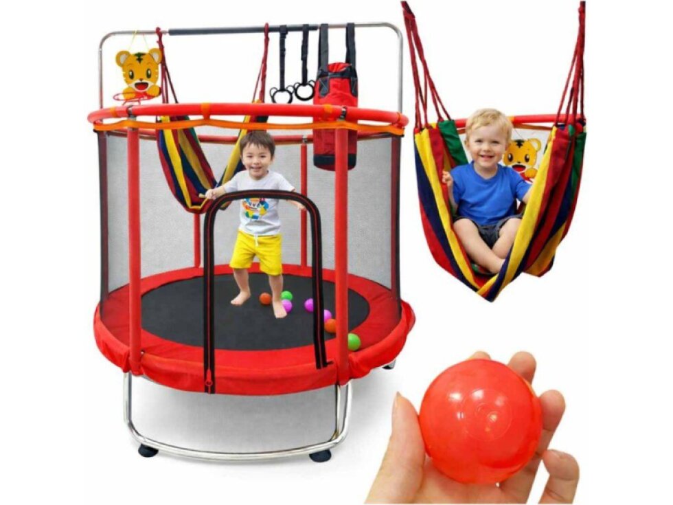 Zahradní trampolína pro děti se sítí, míči, basketbalem, 150 cm, červená