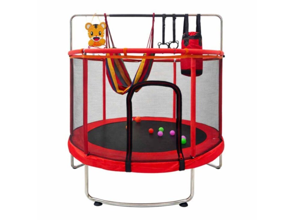 Zahradní trampolína pro děti se sítí, míči, basketbalem, 150 cm, červená