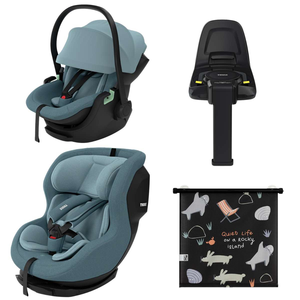 THULE Výhodný set Základna Alfi + Autosedačka Maple + Autosedačka Elm Mid Blue + Sluneční clona