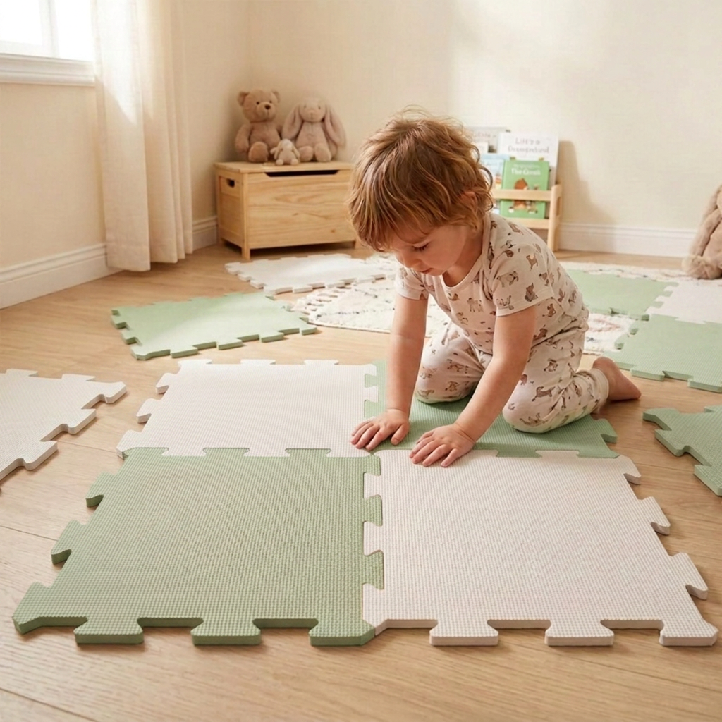 NIDO NIDO Pěnová hrací podložka Puzzle 18ks Sage Green/Ivory White