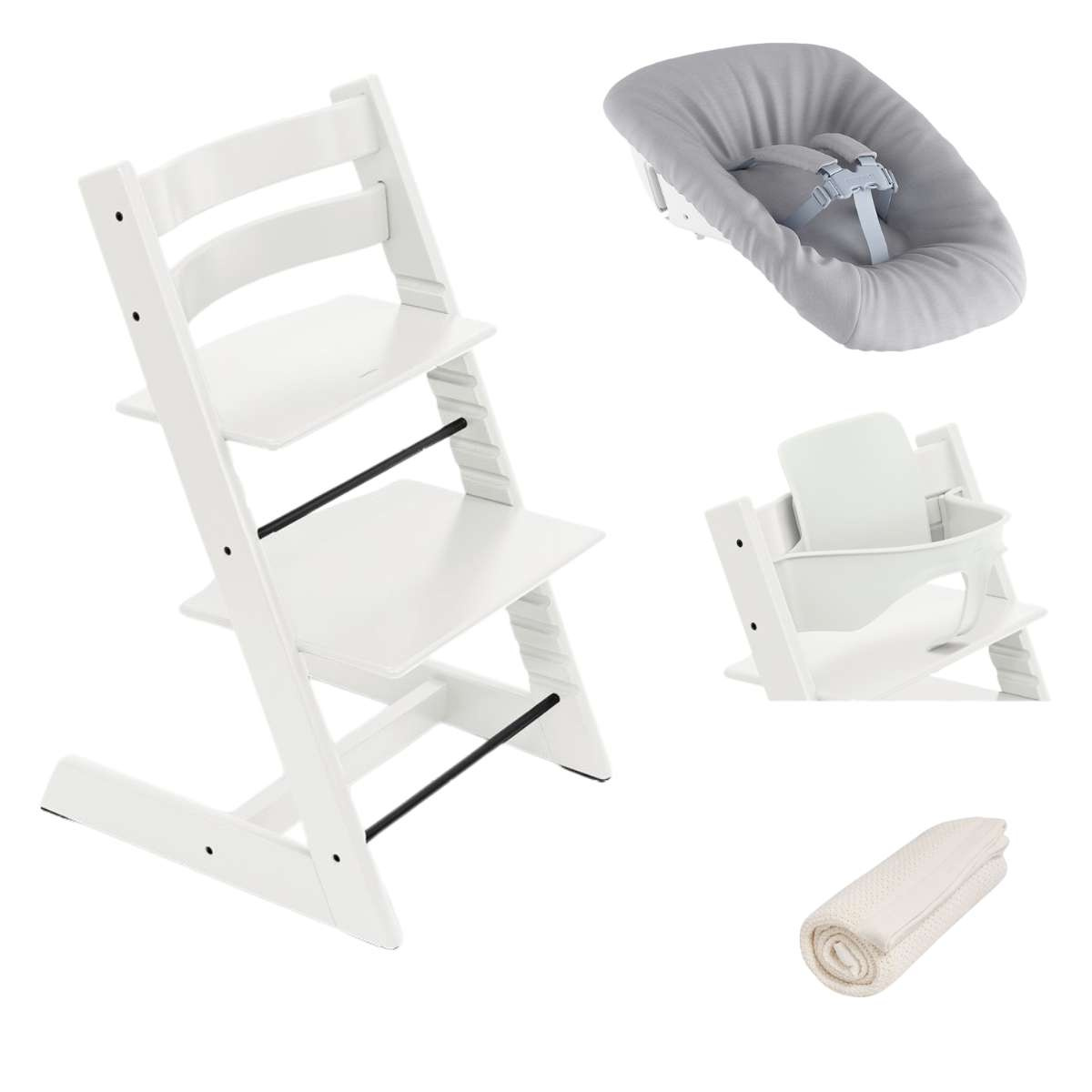 STOKKE Set Tripp Trapp Židlička + Baby set + Newborn set White + deka Pearl White