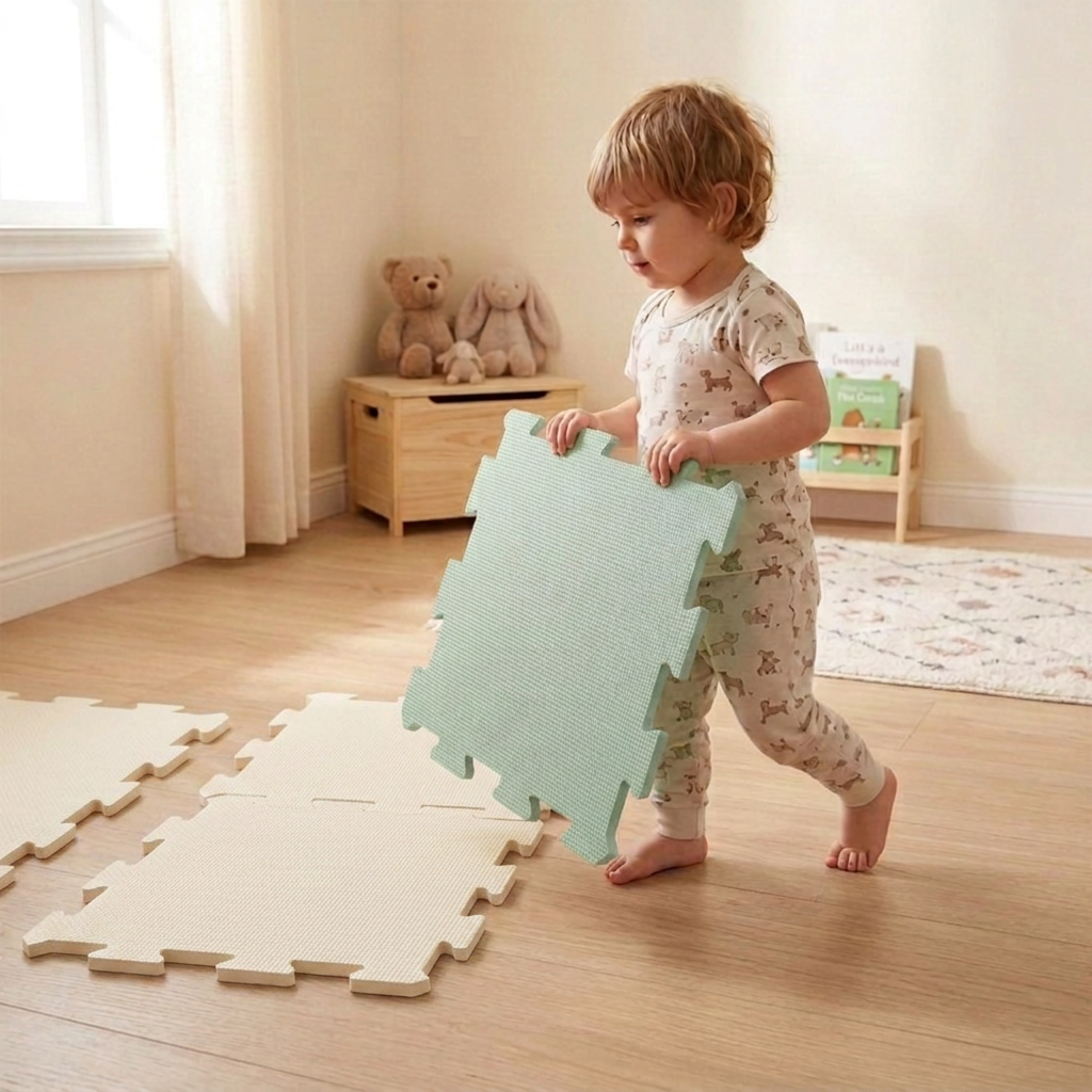 NIDO NIDO Pěnová hrací podložka Puzzle 18ks Sage Green/Ivory White