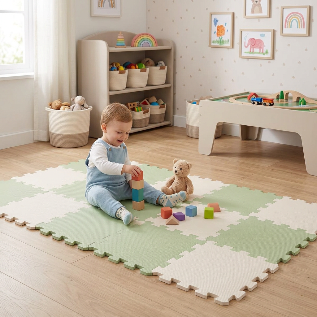 NIDO NIDO Pěnová hrací podložka Puzzle 18ks Sage Green/Sandstone