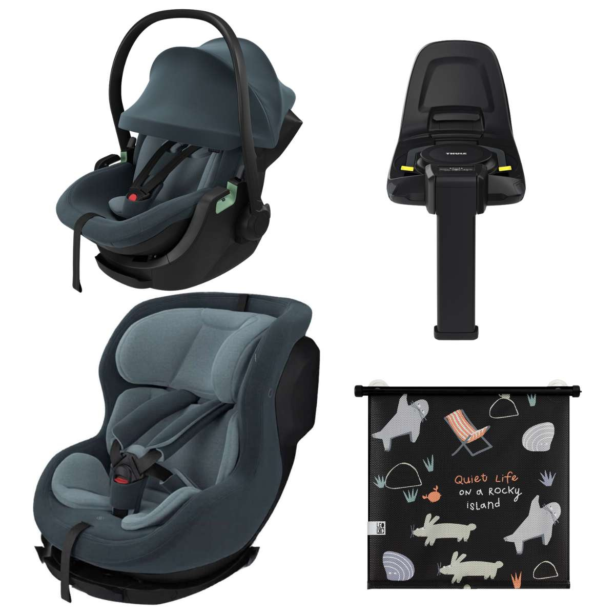 THULE Výhodný set Základna Alfi + Autosedačka Maple + Autosedačka Elm Darkest Blue + Sluneční clona