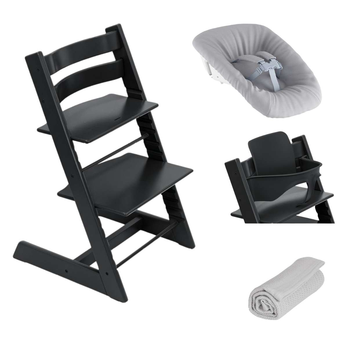 STOKKE Set Tripp Trapp Židlička + Baby set + Newborn set Black + deka Dove Grey