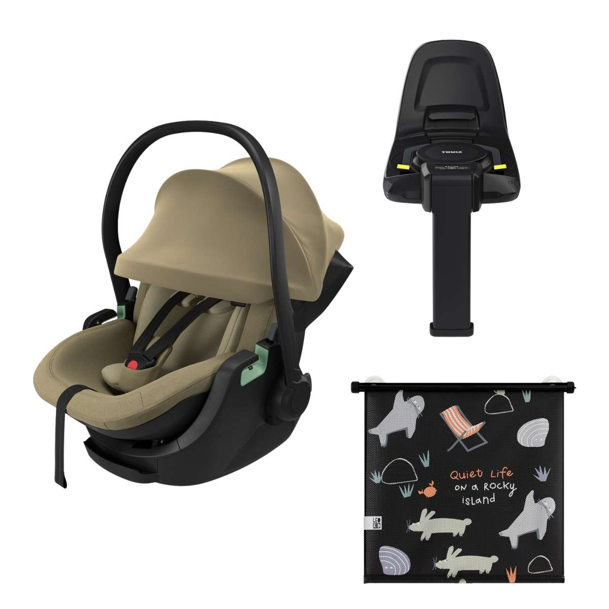 THULE Výhodný set Základna Alfi + Autosedačka Maple Faded Khaki + Sluneční clona
