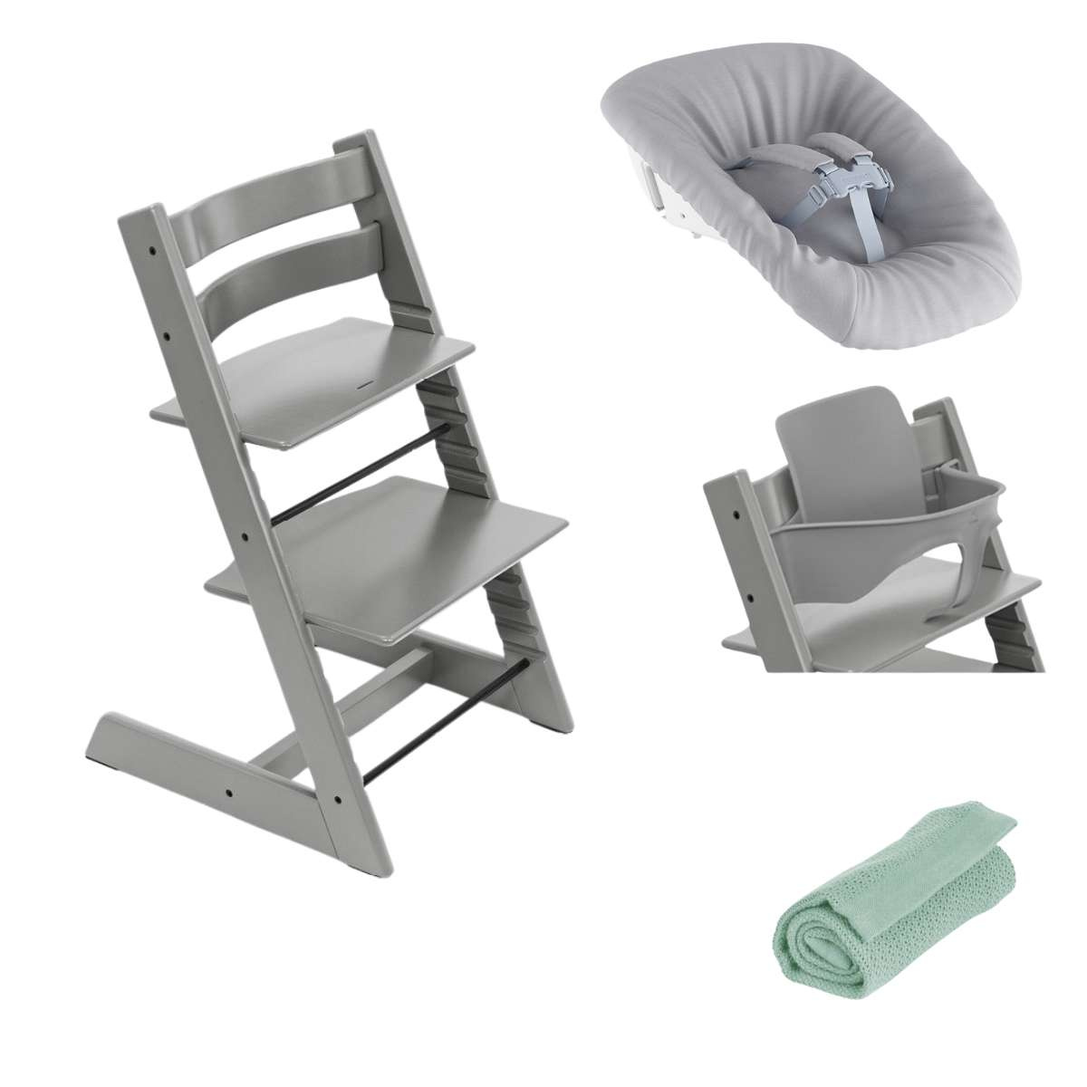 STOKKE Set Tripp Trapp Židlička + Baby set + Newborn set Storm Grey + deka Sage Green