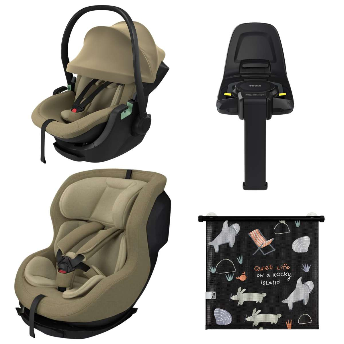 THULE Výhodný set Základna Alfi + Autosedačka Maple + Autosedačka Elm Faded Khaki + Sluneční clona