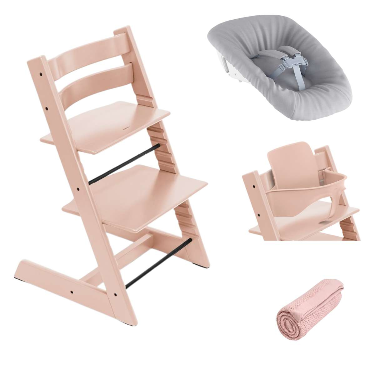 STOKKE Set Tripp Trapp Židlička + Baby set + Newborn set Serene Pink + deka Pink