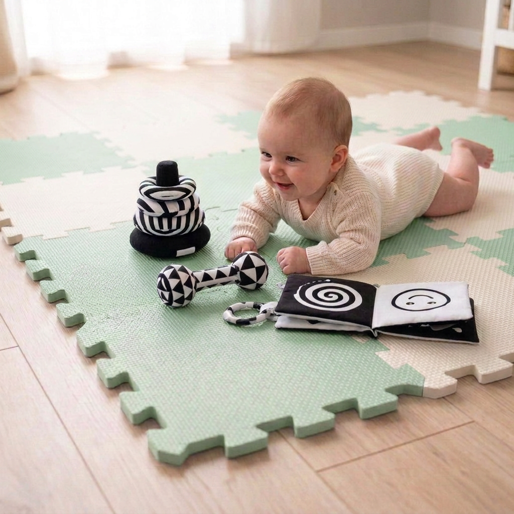 NIDO NIDO Pěnová hrací podložka Puzzle 18ks Sage Green/Ivory White