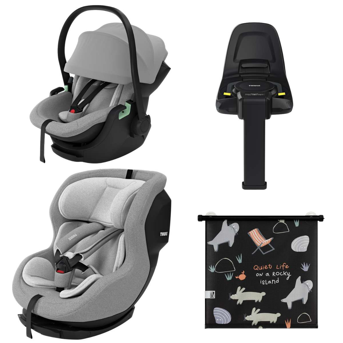 THULE Výhodný set Základna Alfi + Autosedačka Maple + Autosedačka Elm Light Grey + Sluneční clona