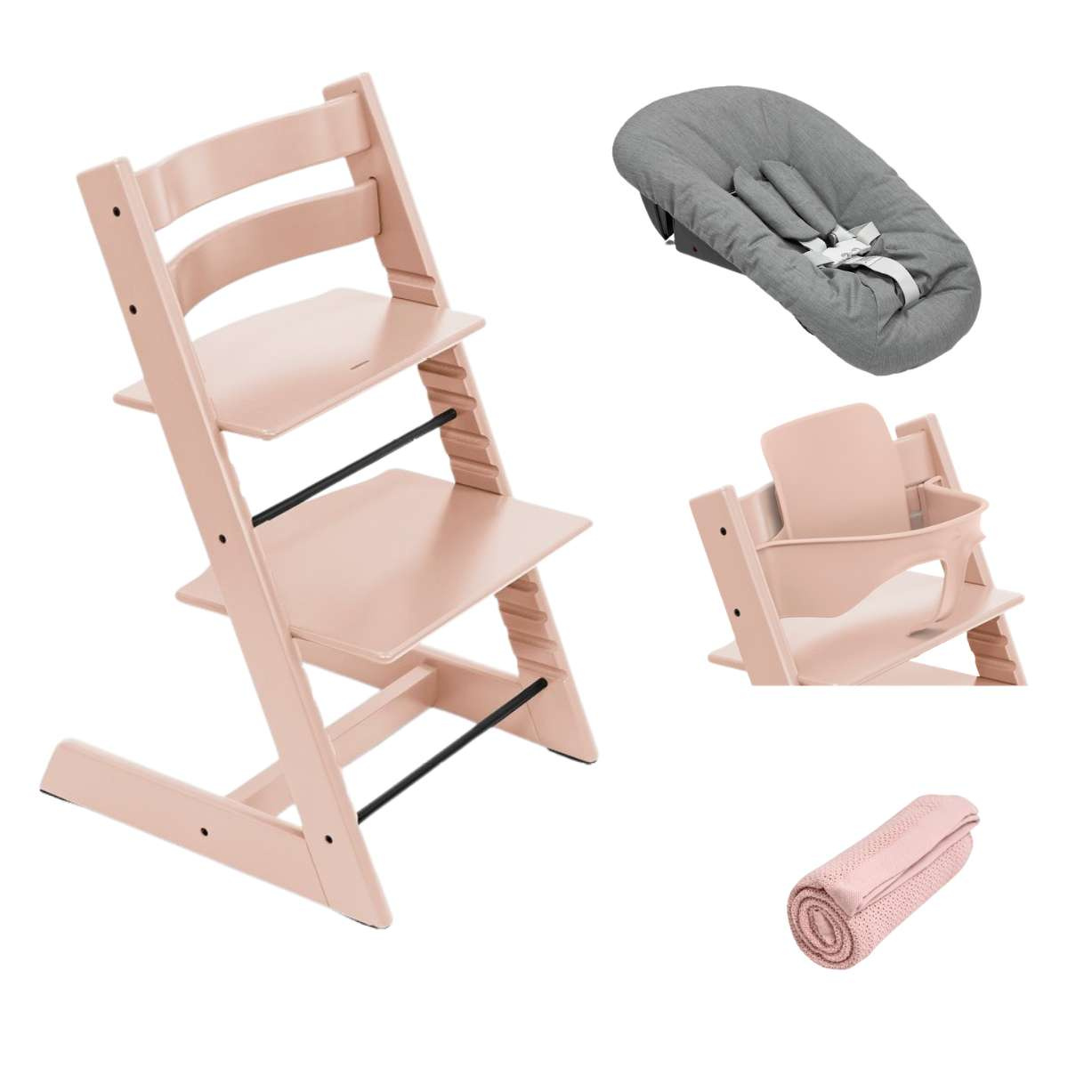 STOKKE Set Tripp Trapp Židlička + Baby set + Newborn set Serene Pink/Anthracite + deka Cloud Pink