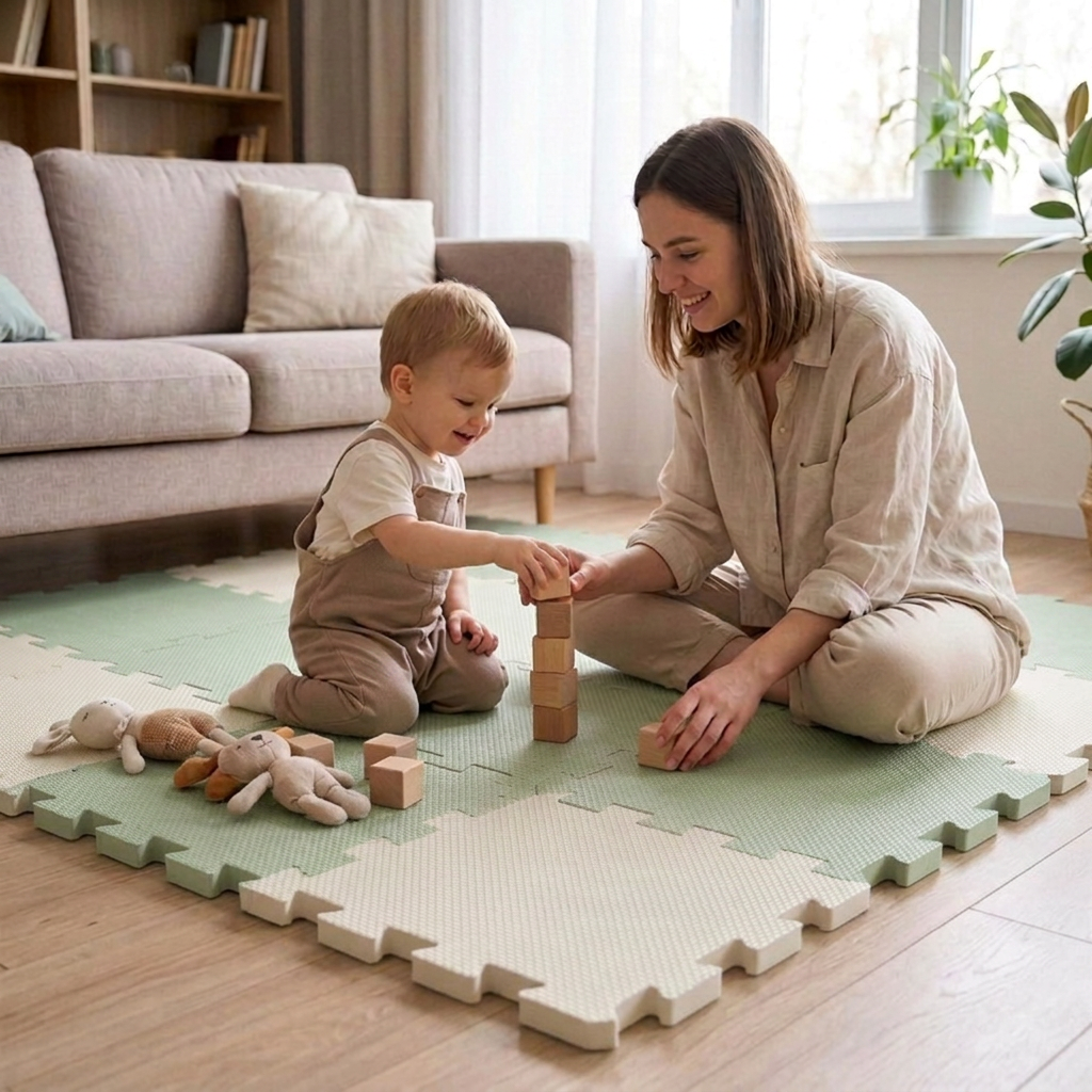 NIDO NIDO Pěnová hrací podložka Puzzle 18ks Sage Green/Ivory White