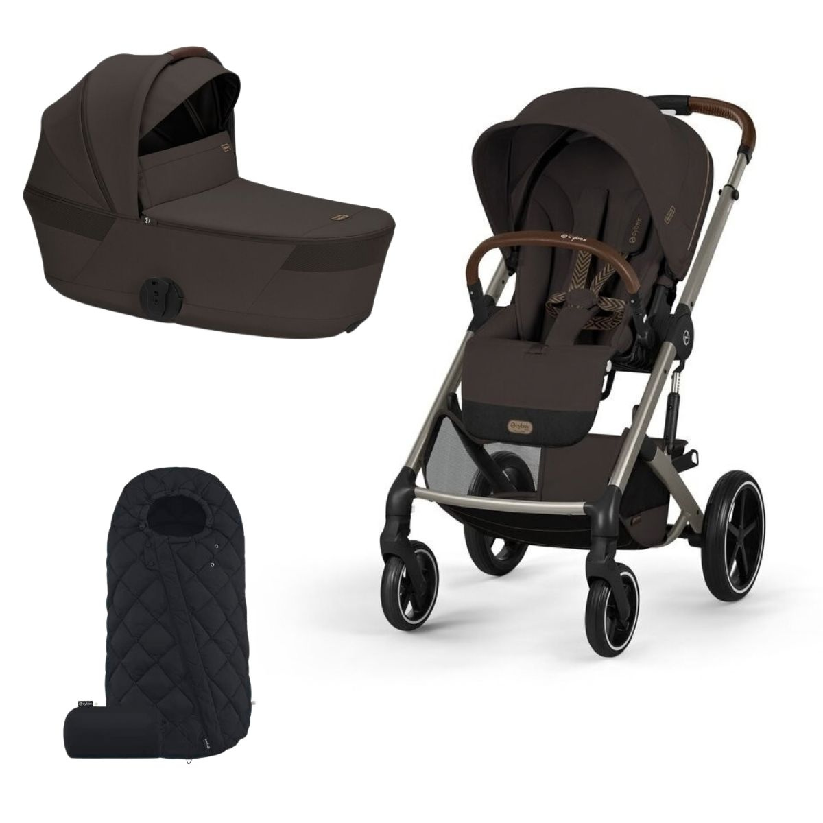 CYBEX Balios S Lux Kompletní kočárek se skládací korbičkou Taupe Chocolate Brown a fusak Black