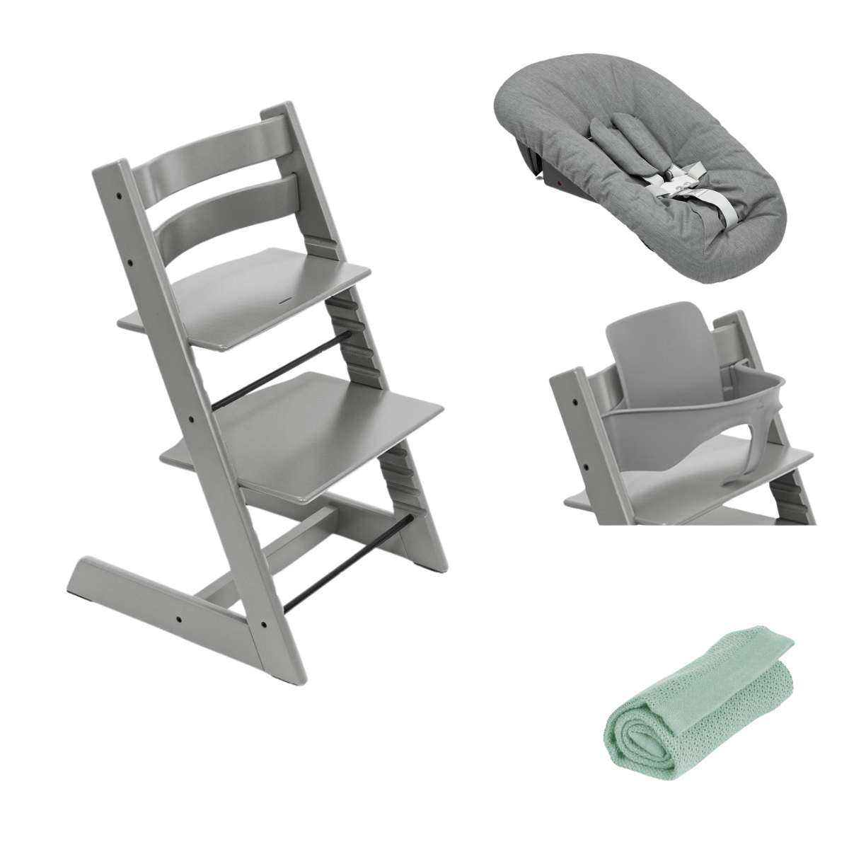 STOKKE Set Tripp Trapp Židlička + Baby set + Newborn set Storm Grey/Anthracite + deka Sage Green