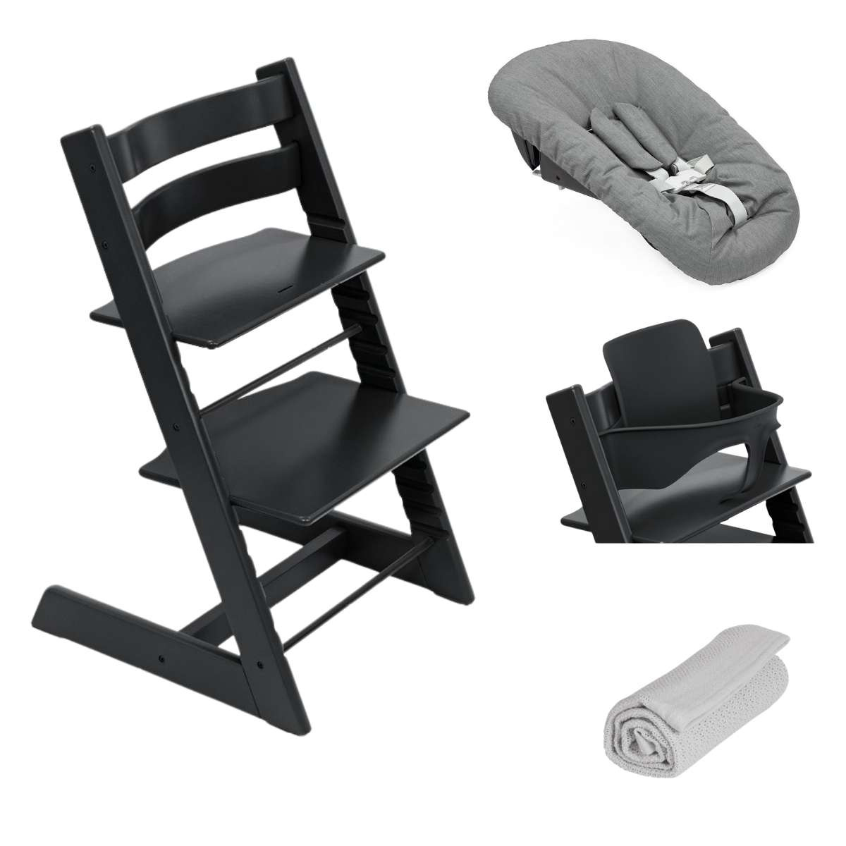 STOKKE Set Tripp Trapp Židlička + Baby set + Newborn set Black/Anthracite + deka Dove Grey