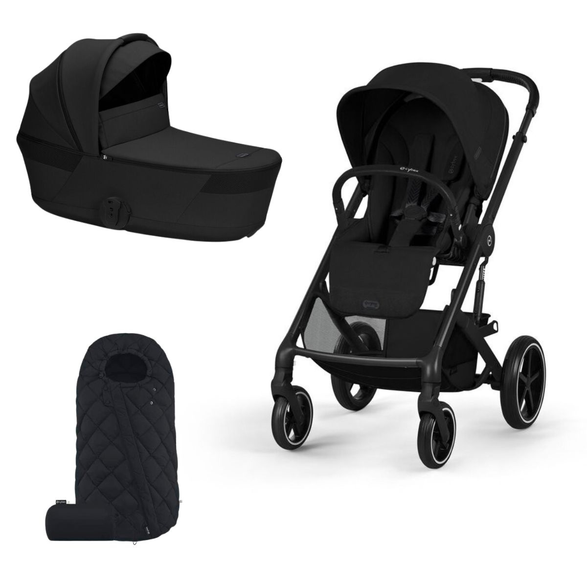 CYBEX Balios S Lux Kompletní kočárek se skládací korbičkou Black Moon Black a fusak Black