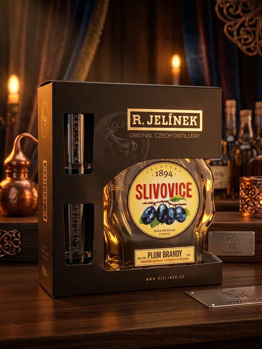 Slivovice R. JELÍNEK 45% 0,5l + 2 skleničky