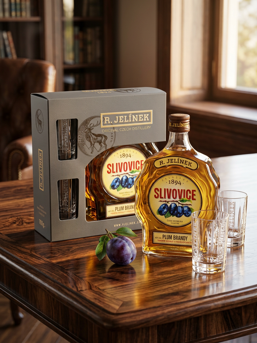 Slivovice R. JELÍNEK zlatá 45% 0,5l + 2 skleničky