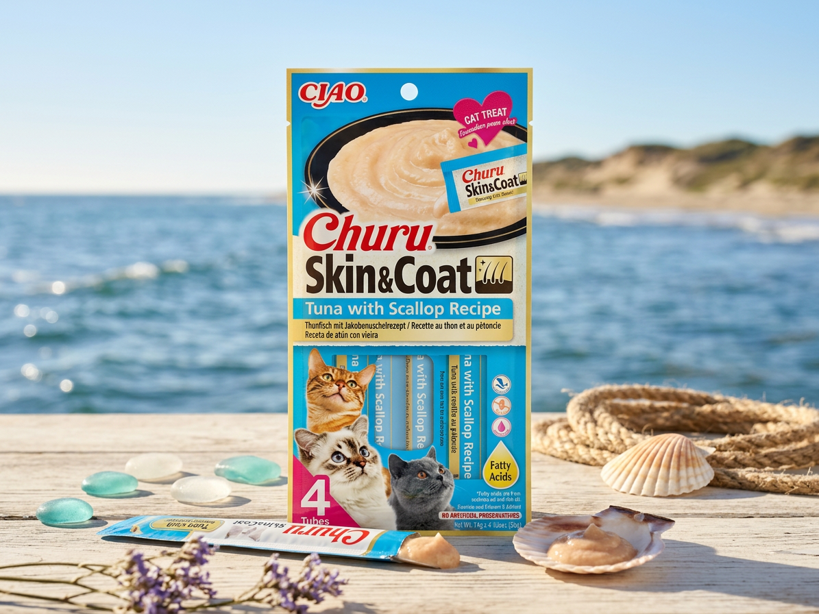 Churu cat masové pyré pro krásnou srst a kůži - tuňák, hřebenatky 56g