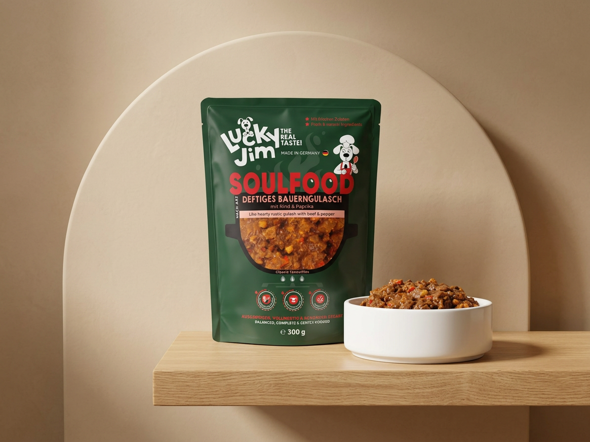 Kapsička pro psy Lucky Jim Soulfood Bauerngulasch Hovězí guláš s paprikou, 300 g