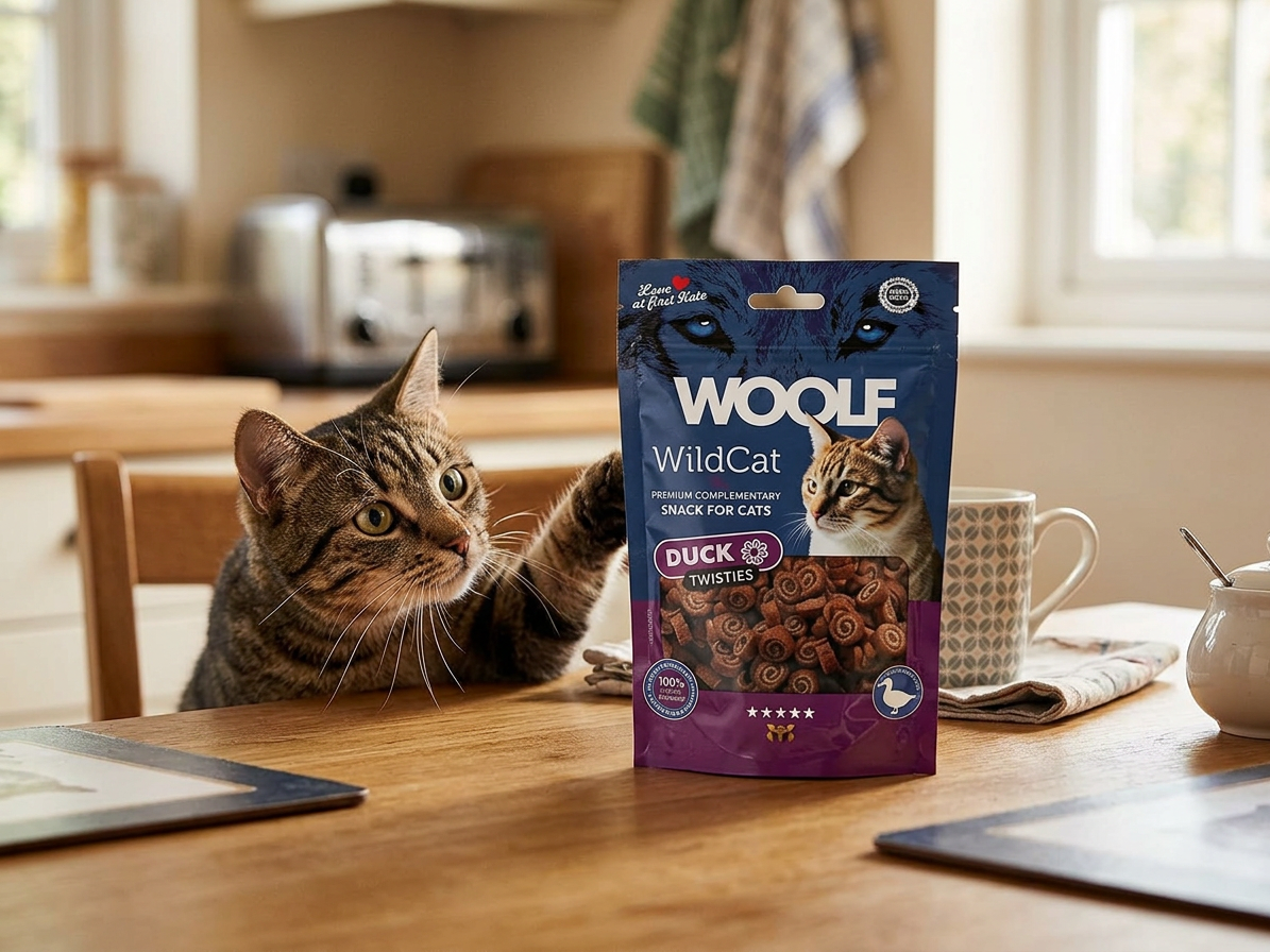 Pamlsek pro kočky WOOLF WildCat Twisties Snack Duck, 50 g