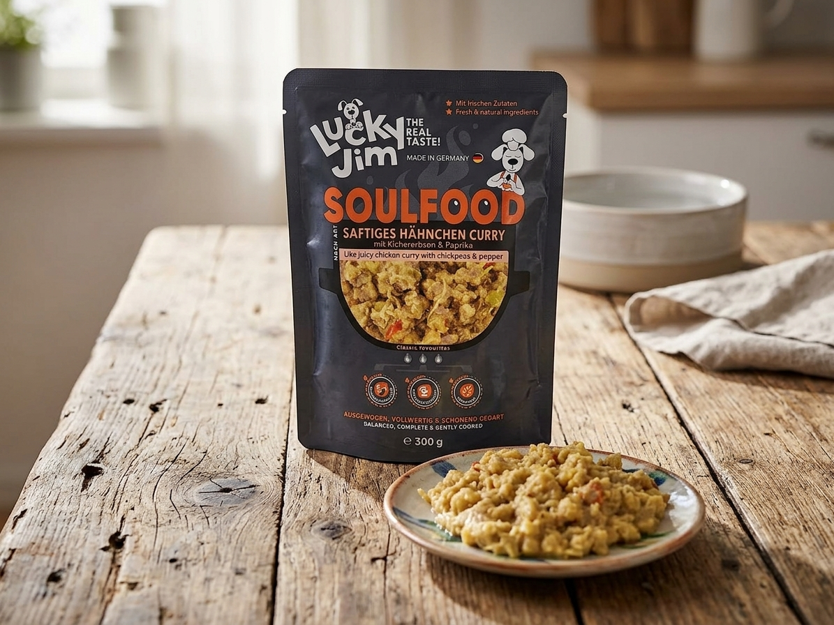 Kapsička pro psy Lucky Jim Soulfood Hähnchen Curry Kuřecí kari s cizrnou a paprikou, 300 g