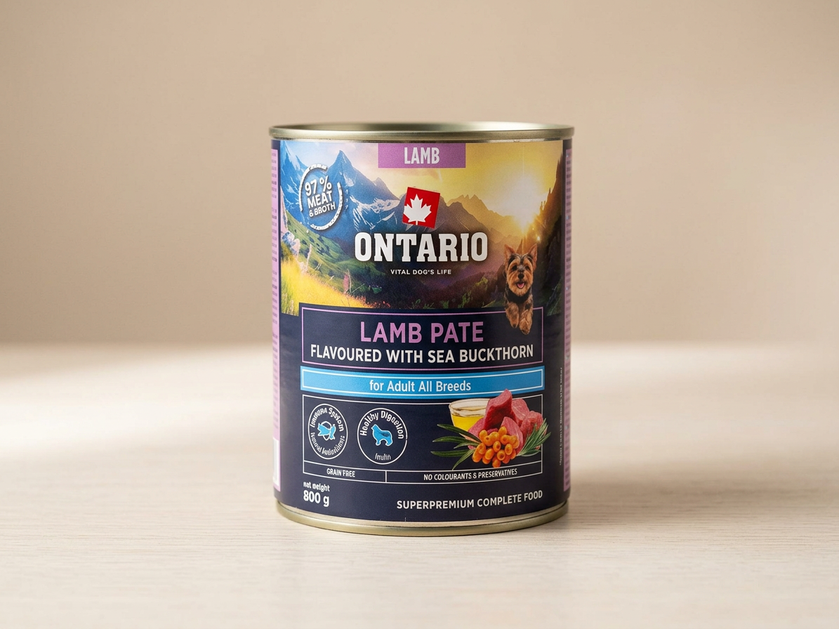 Konzerva Ontario Adult jehněčí pate s příchutí rakytníku 800g