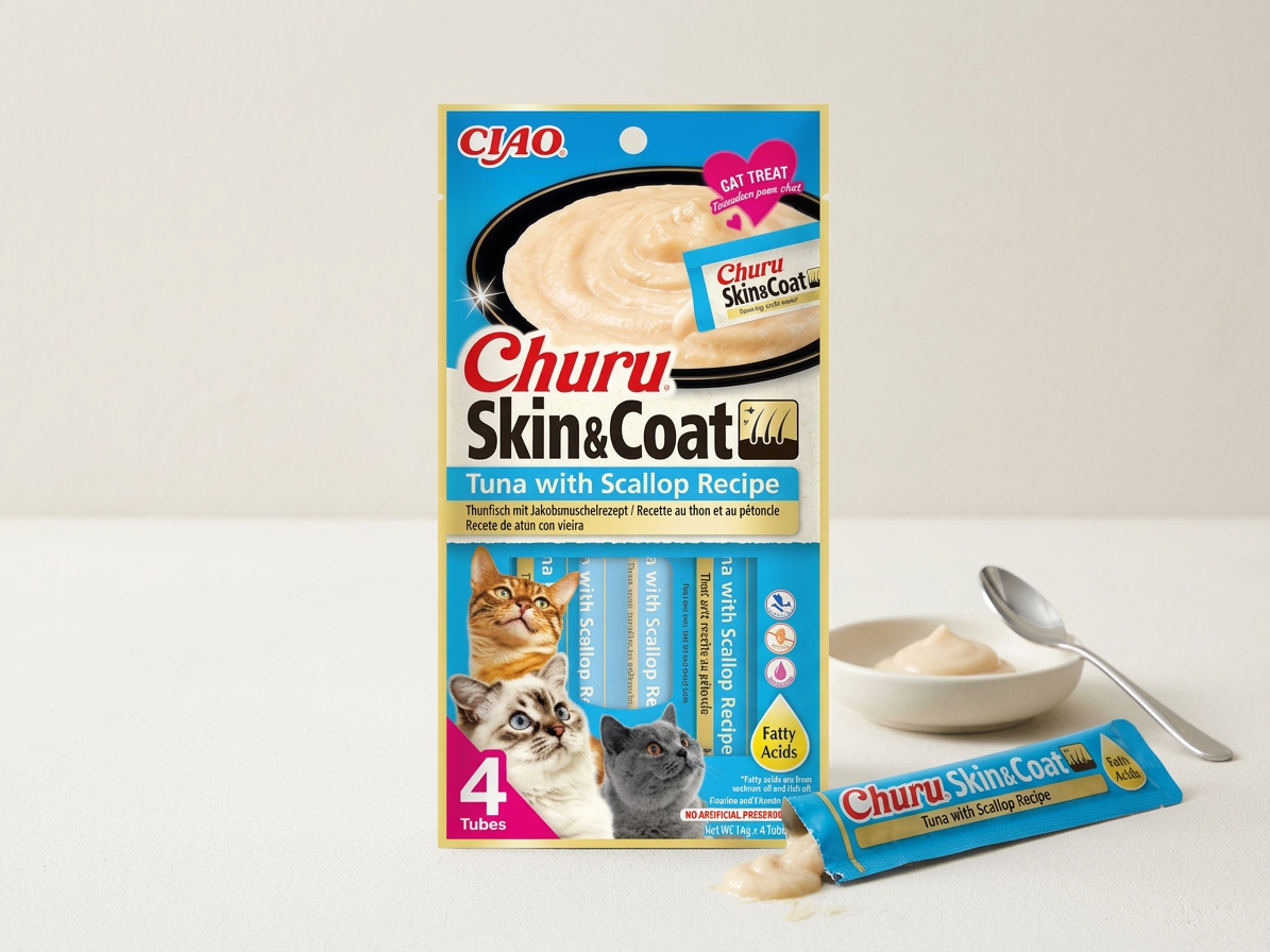 Churu cat masové pyré pro krásnou srst a kůži - tuňák, hřebenatky 56g