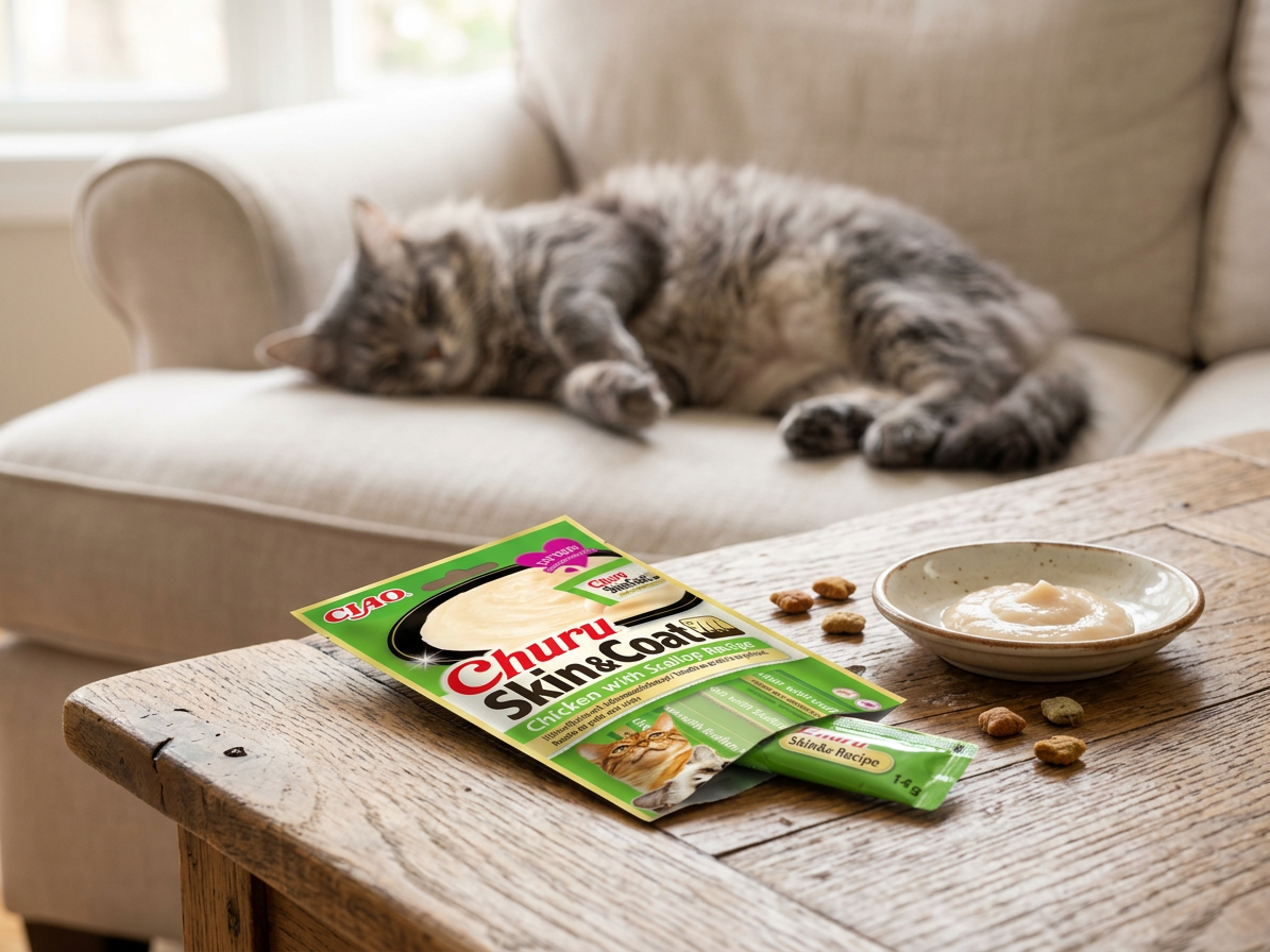 Churu cat masové pyré pro krásnou srst a kůži - kuře, hřebenatky 56g