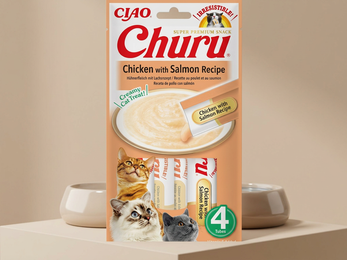 Churu cat masové pyré - kuře, losos 56g