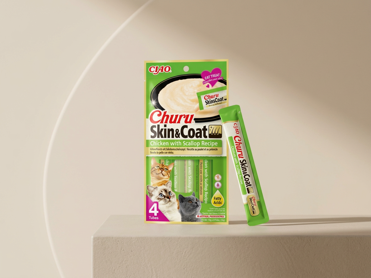 Churu cat masové pyré pro krásnou srst a kůži - kuře, hřebenatky 56g