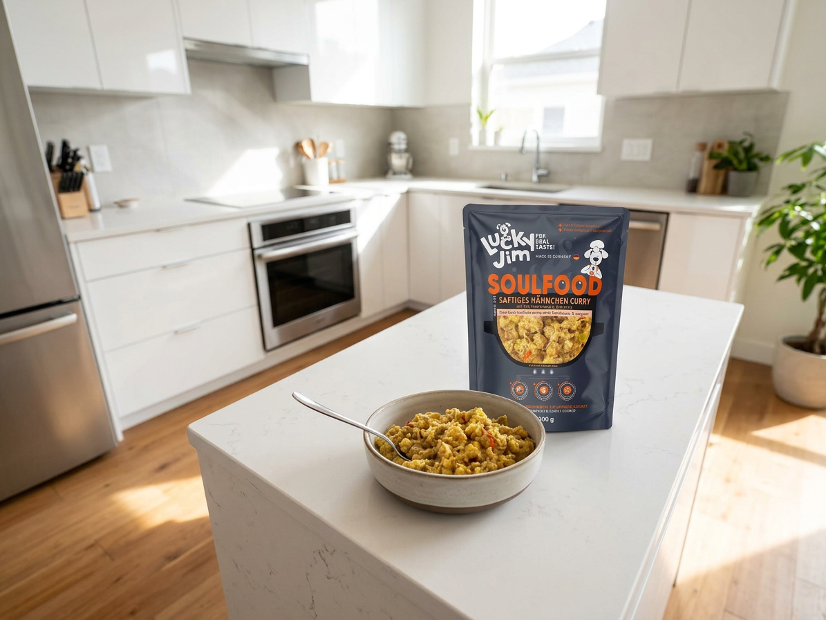 Kapsička pro psy Lucky Jim Soulfood Hähnchen Curry Kuřecí kari s cizrnou a paprikou, 300 g
