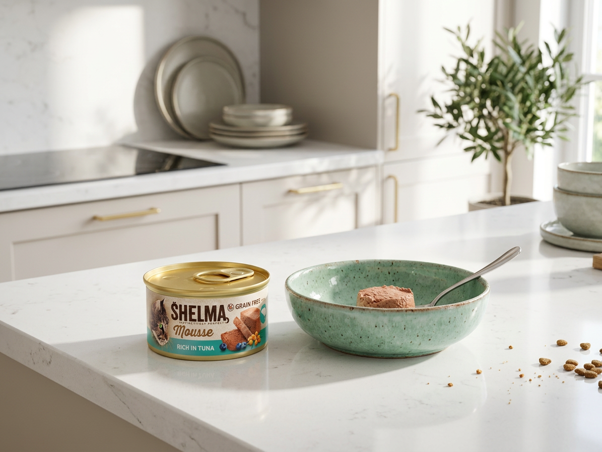 Konzerva pro kočky Shelma Cat Mousse tuňák, borůvky, rakytník GF, 85 g