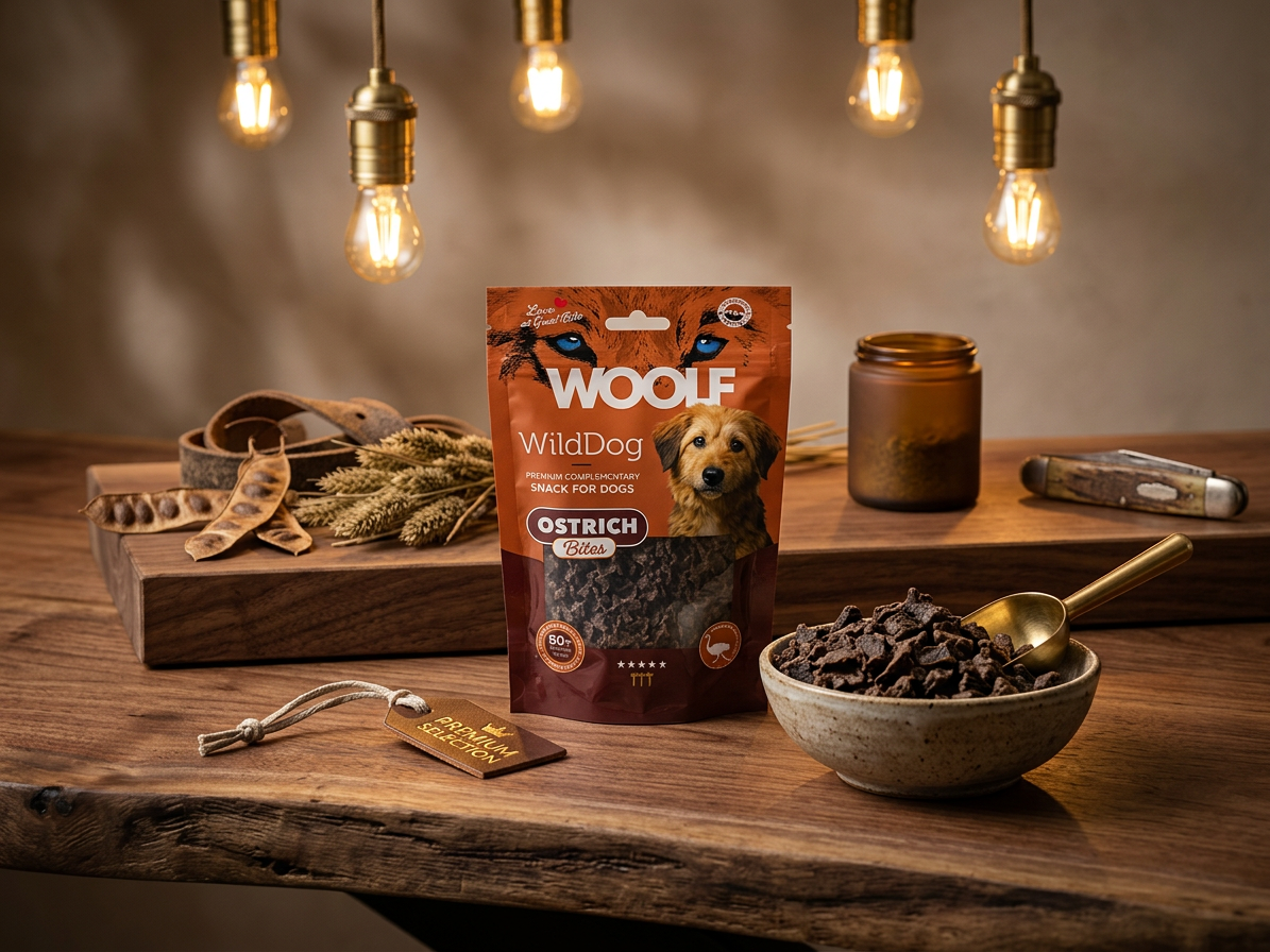 Pamlsek pro psy WOOLF WildDog poch. Bites Soft Ostrich, 100 g