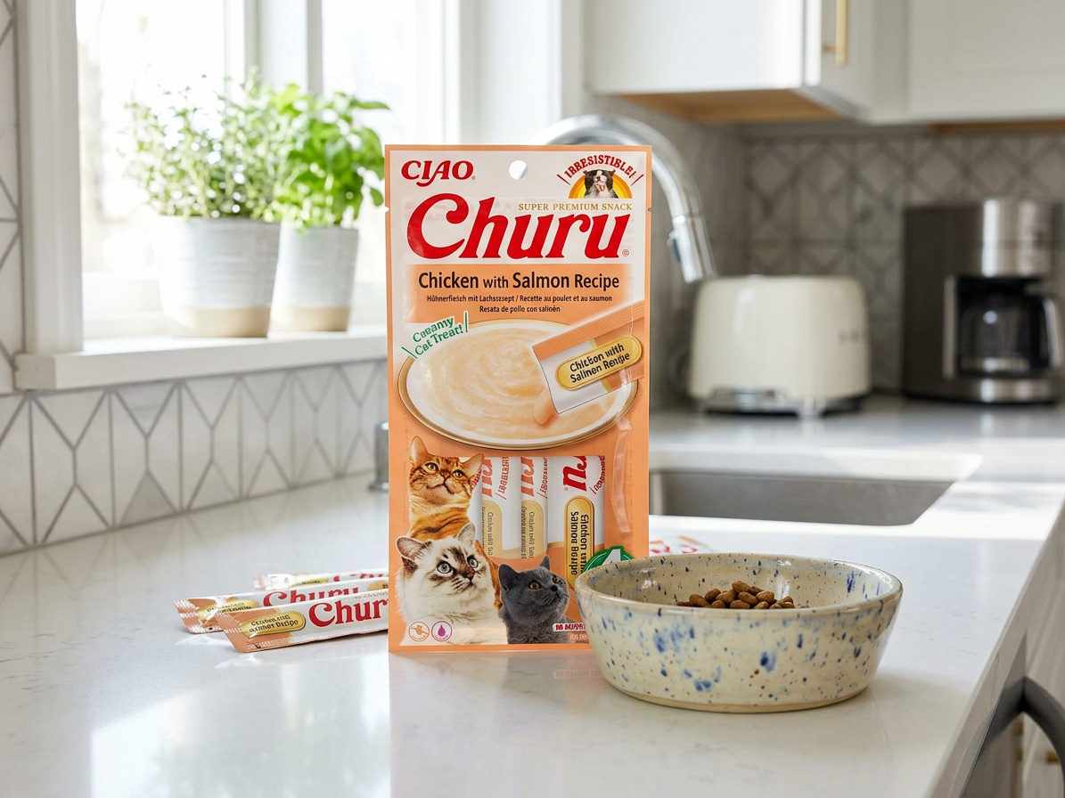 Churu cat masové pyré - kuře, losos 56g