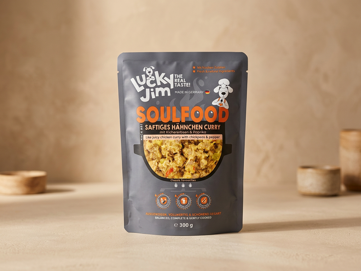 Kapsička pro psy Lucky Jim Soulfood Hähnchen Curry Kuřecí kari s cizrnou a paprikou, 300 g