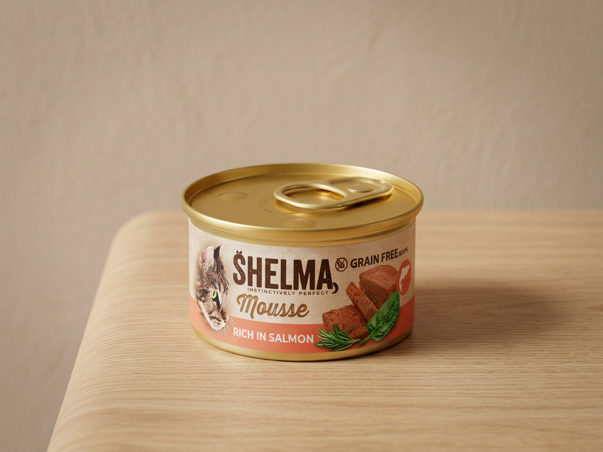 Konzerva pro kočky Shelma Cat Mousse losos, špenát, rozmarýn GF, 85 g