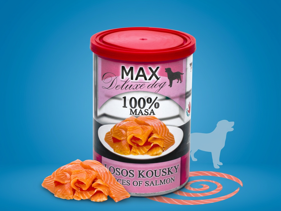 MAX Deluxe Dog losos kousky, konzerva 400 g