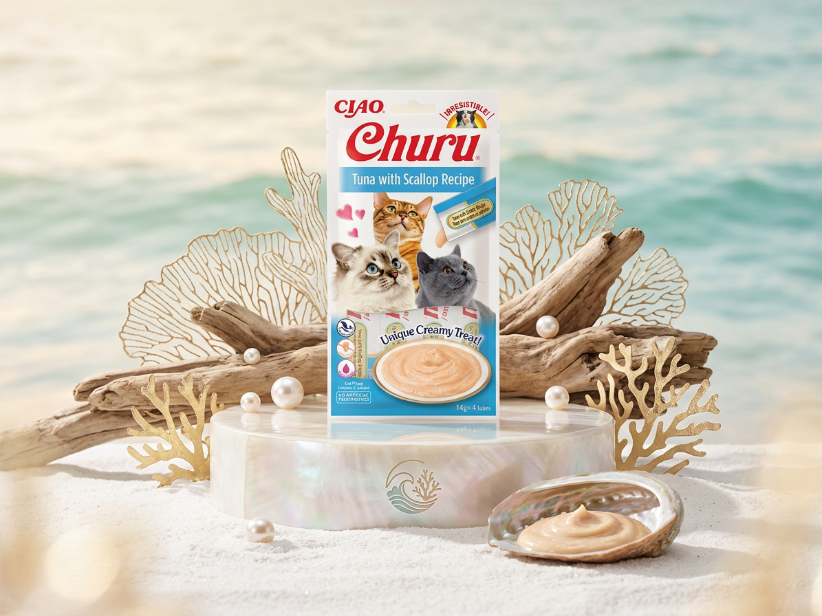 Churu cat masové pyré - tuňák, hřebenatky 56g