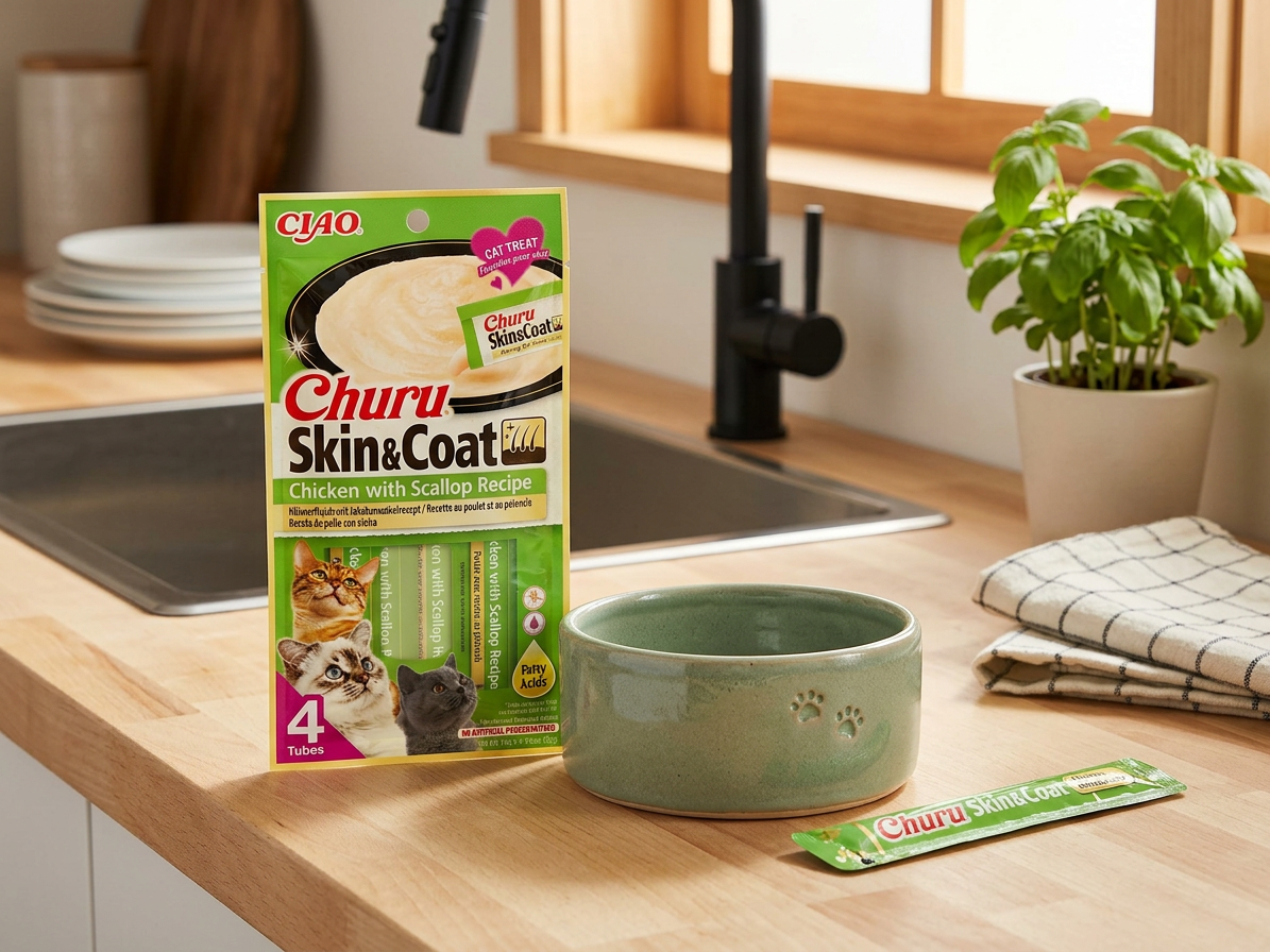 Churu cat masové pyré pro krásnou srst a kůži - kuře, hřebenatky 56g