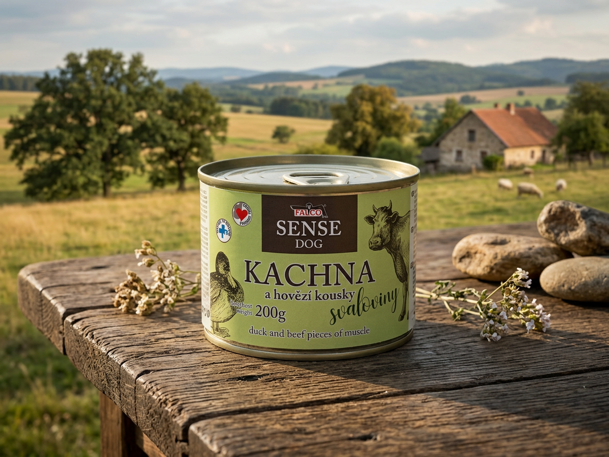 FALCO SENSE Dog kachna a hovězí kousky svaloviny, konzerva 200 g
