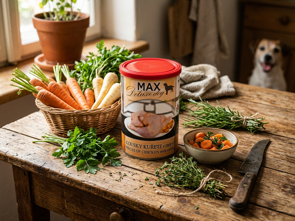 MAX Deluxe Dog kousky kuřete s mrkví, konzerva 400 g