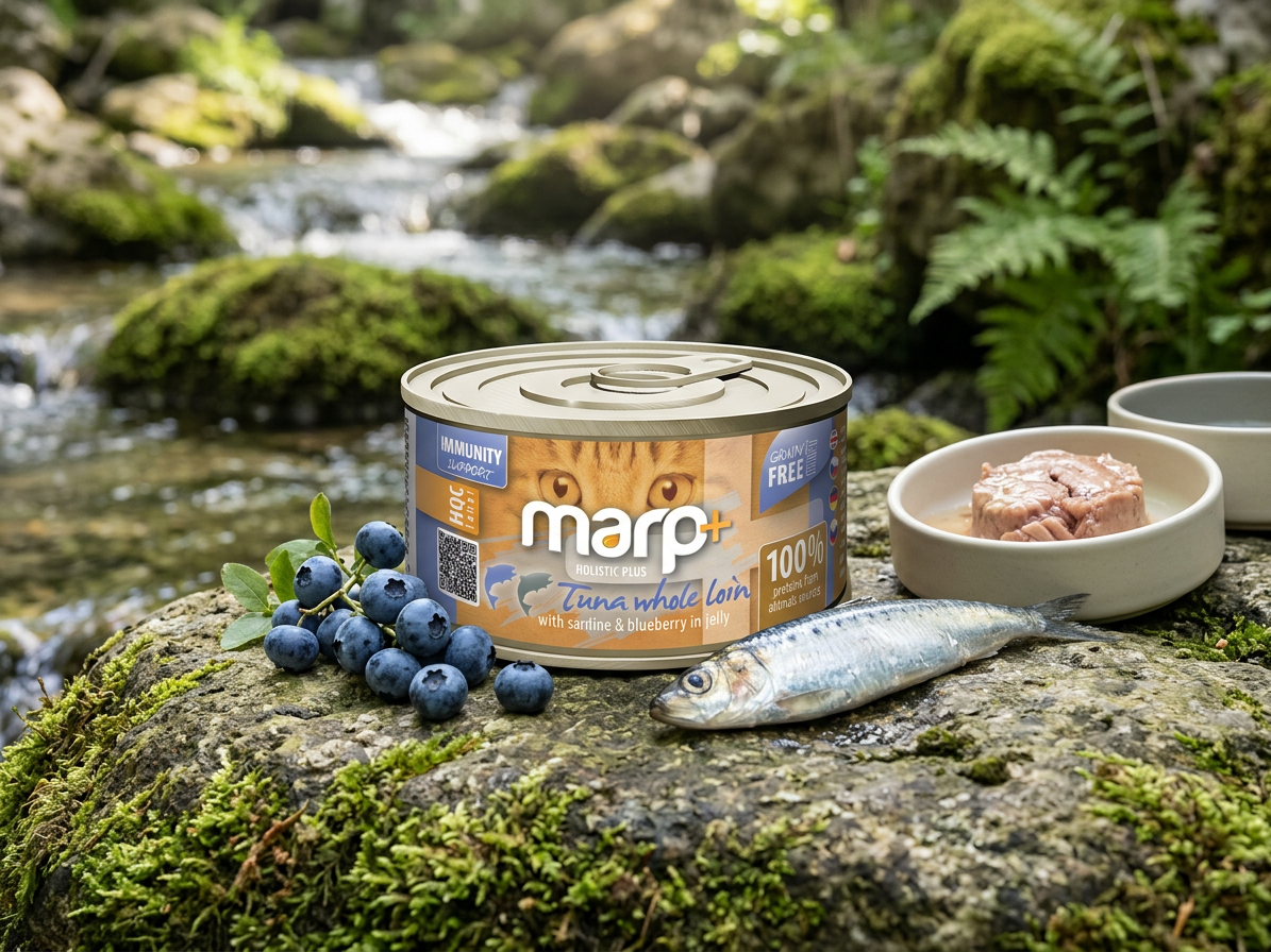 Marp Holistic Plus konzerva pro kočky – Tuňák se sardinkami a borůvkami v želé 24x70g