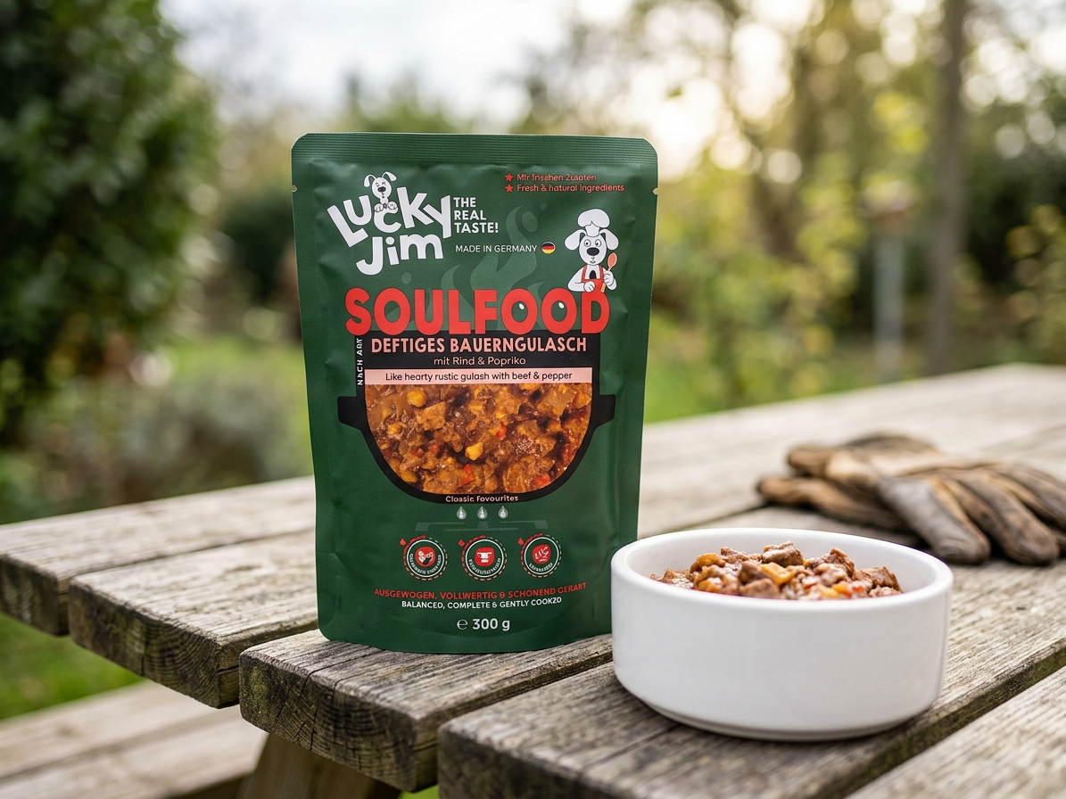 Kapsička pro psy Lucky Jim Soulfood Bauerngulasch Hovězí guláš s paprikou, 300 g