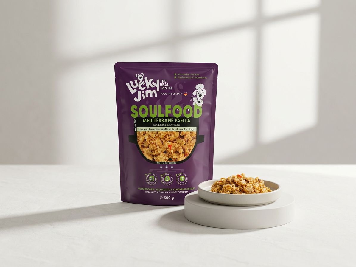Kapsička pro psy Lucky Jim Soulfood Paella Středomořská paella s lososem a krevetami, 300 g