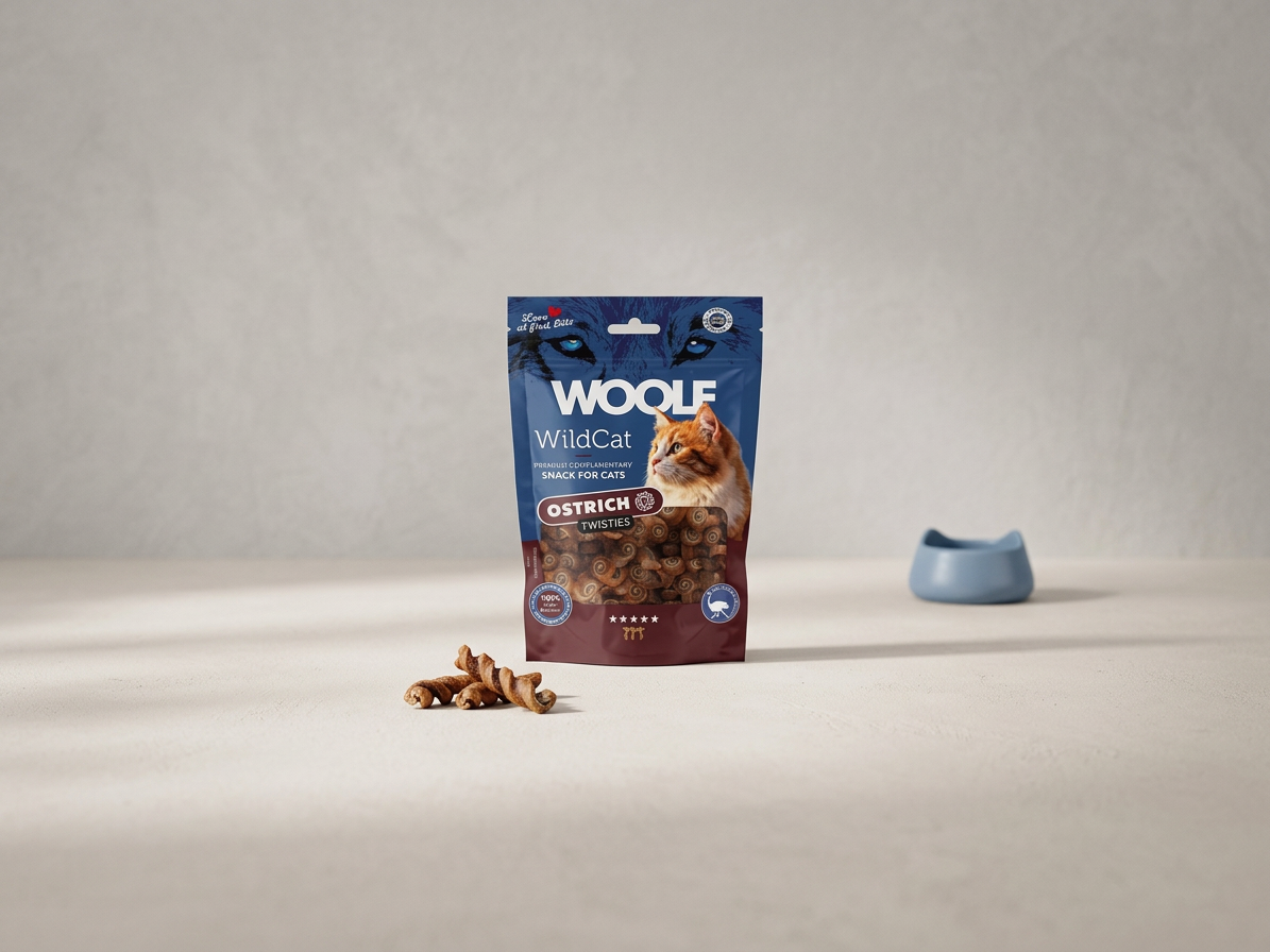 Pamlsek pro kočky WOOLF WildCat Twisties Snack Ostrich, 50 g