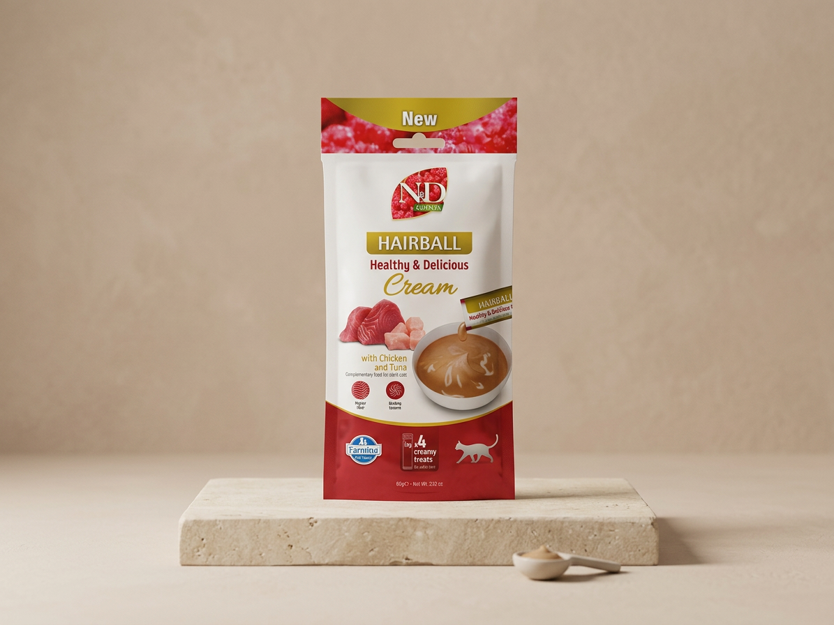 Kapsička pro kočky N&D QUINOA Cat Cream pamlsek Hairball Chicken & Tuna Adult, 60 g