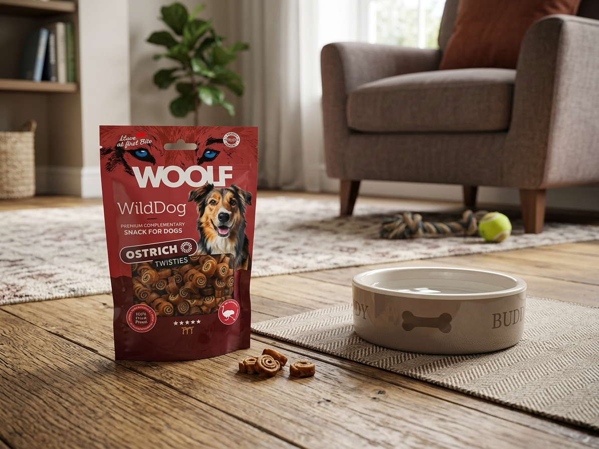 Pamlsek pro psy WOOLF WildDog poch. Twisties Ostrich&Cod, 100 g