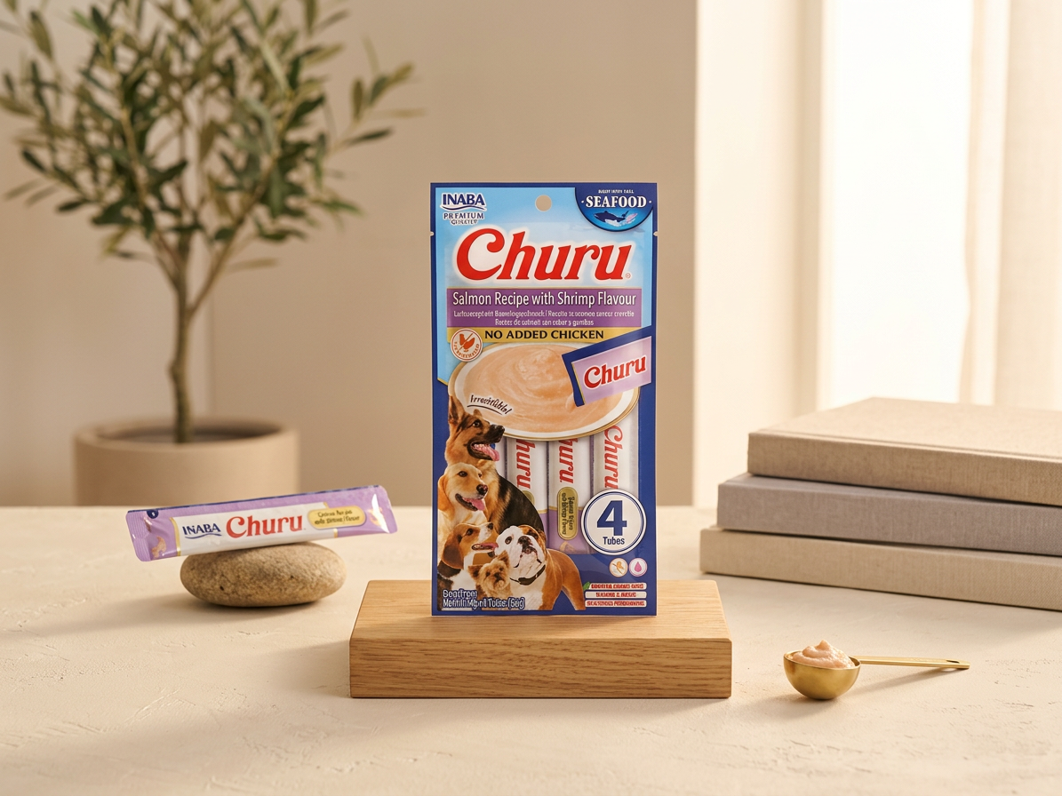 Pamlsek pro psy Inaba Churu dog snack losos a krevety, 4x14 g